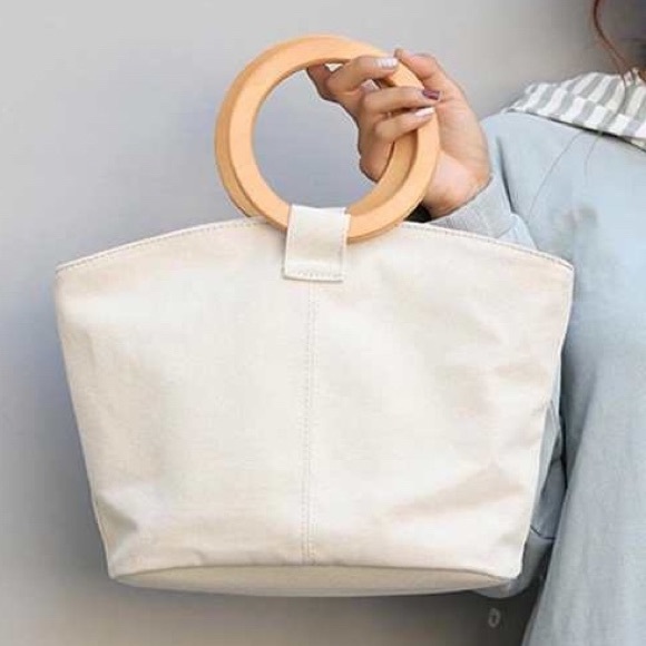 Indian Way Co Handbags - Round Wood Handle Canvas Medium Tote Bag Purse NEW